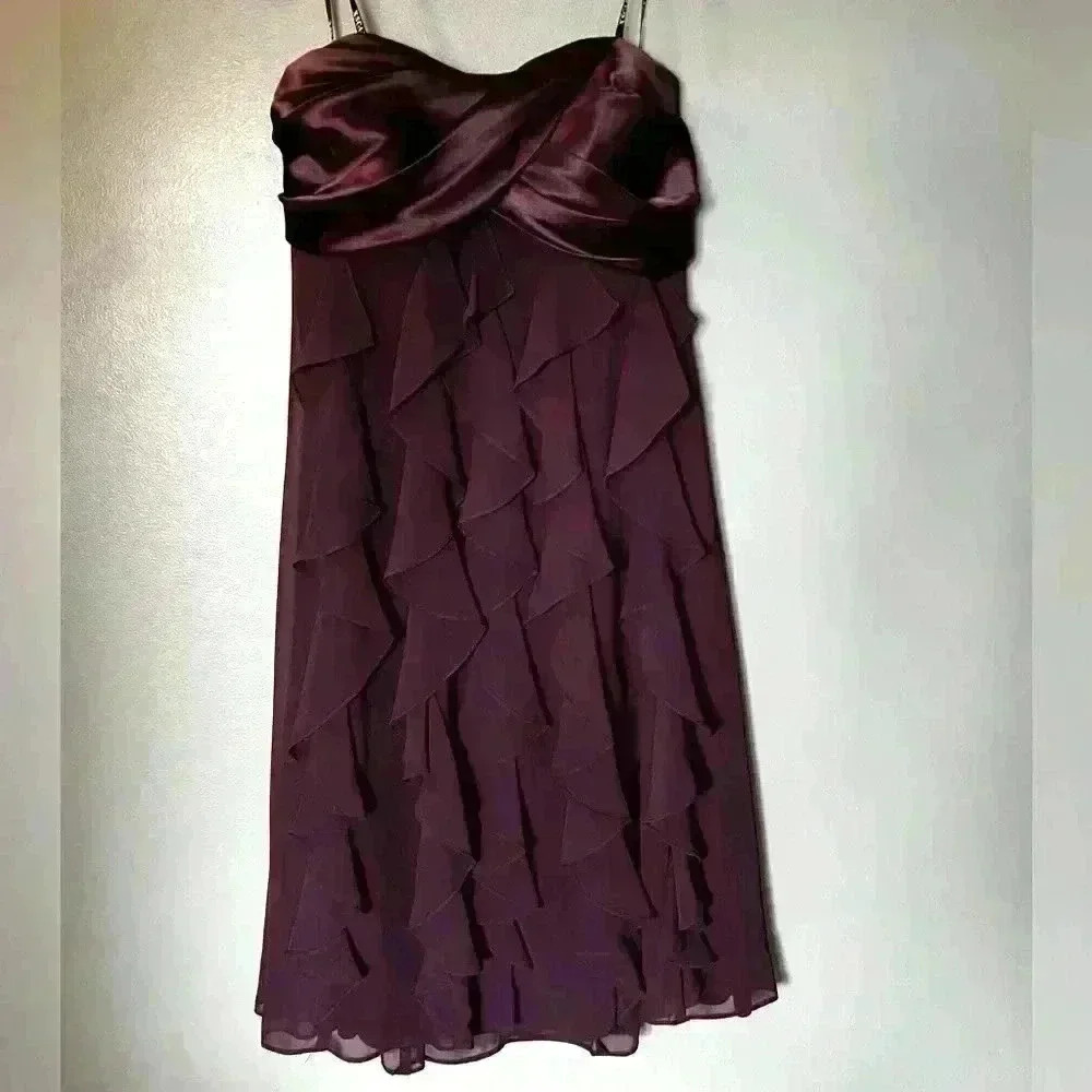 Gorgeous Eggplant Strapless Layered Ruffle Formal Midi Dress Size 4 Satin Bodice